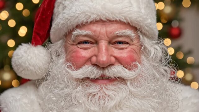 Extreme close up portrait of Santa Claus smiling warmly, friendly saint nicholas face with white beard and red hat against glowing bokeh Christmas lights background, holiday celebration video