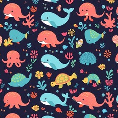 Obraz premium A delightful, colorful underwater pattern featuring adorable marine animals like whales, turtles, and octopuses surrounded by vibrant corals and plants, ideal for children's design