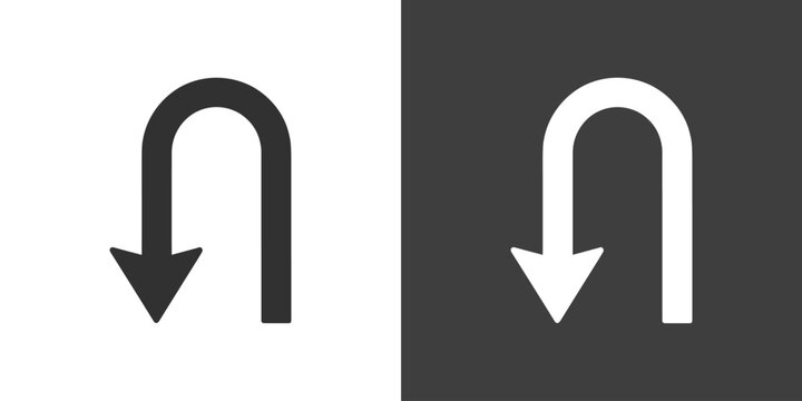 U-Turn Icon. A simplified graphic symbol depicting a U-turn with an arrow pointing downwards, presented on both a white and a dark grey background for contrast.