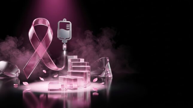 Breast cancer awareness glass ribbon with treatment steps and iv bag on black background with copy space