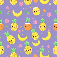 Obraz premium A vibrant and playful pattern featuring cartoonish pineapples and bananas against a purple background, perfect for cheerful designs, wallpapers, and playful artwork.