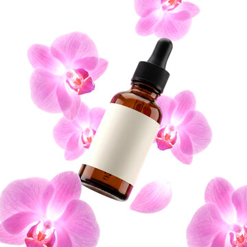 Cosmetic Dropper Bottle with Pink Orchid Flowers Isolated on Transparent Background PNG