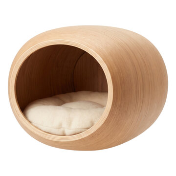 Modern Wooden Cat Bed Pod with Soft Cushion Isolated on Transparent Background PNG
