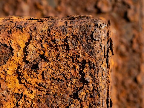 Macro closeup of intensely rusted metal surface with vibrant orange brown textures, flaky corrosion detail, and grunge pattern for industrial design.