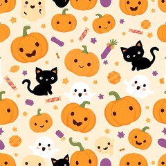 Fototapeta premium A whimsical Halloween-themed pattern featuring playful pumpkins, cute ghosts, and black cats, perfect for festive decorations and holiday-themed designs.