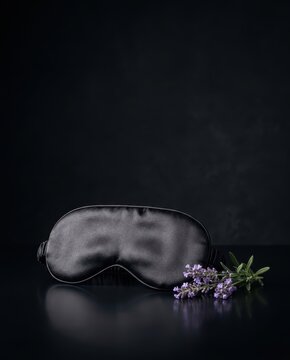 Luxury black silk sleep mask with fresh lavender on dark reflective surface for wellness advertising