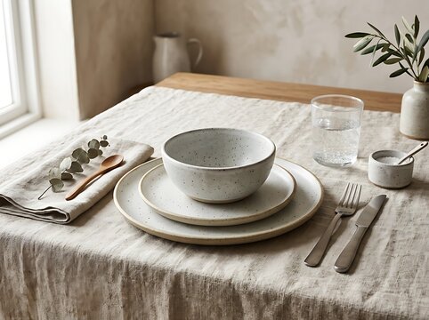 Minimalist handcrafted ceramic tableware set on rustic linen tablecloth, neutral earthy beige tones, elegant dining table setting for food photography.