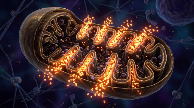 Mitochondria cross-section 3D render, cristae membrane folds visible, ATP production concept, glowing orange energy particles, dark background