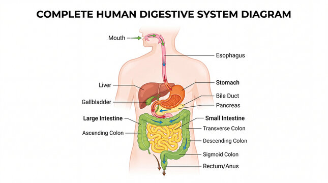 Human digestive system complete diagram, esophagus stomach small intestine large intestine, organs color-coded, flow arrows, educational infographic style
