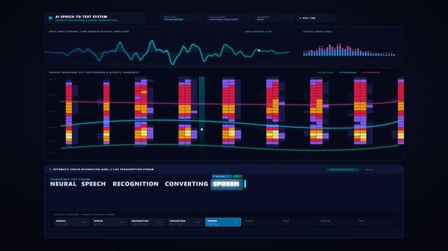 AI Audio Speech-to-Text Spectrogram with shimmering harmonic frequency beams