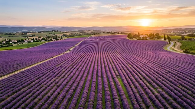 Stunning aerial view of vibrant purple lavender fields blooming under a golden sunset in Provence, France, perfect for travel and tourism campaigns.