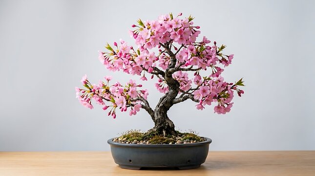 Stunning blooming pink cherry blossom bonsai tree in ceramic pot on wooden table, serene minimalist Japanese zen plant for peaceful home decor.