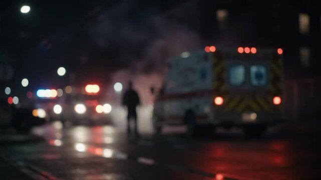 Ambulance and responder silhouette appear blurred on a misty city street at night.