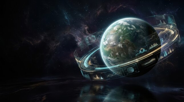 Exoplanet Scientific Data Analysis with Digital Holographic Rings and Floating Streams in Dark Cinematic Space Environment for World Space Week Marketing Banner