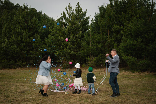 Emotional family reacting to twin gender reveal with blue and pink confetti floating in a forest.