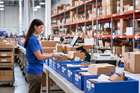 Warehouse Worker Sorting Returned Parcels at a Fulfillment Station