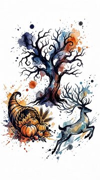 Artistic Watercolor Holiday Elements Set with Spooky Tree Silhouette, Thanksgiving Cornucopia, and Flying Reindeer