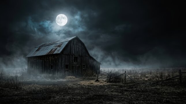 Cinematic Haunted Abandoned Wooden Barn under Full Moon at Night with Mist, Atmospheric Rural Horror Background for Media Marketing Campaigns