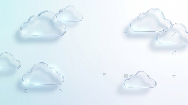 Translucent glass cloud icons floating on soft white gradient background with cloud computing symbols, digital storage concept with copy space for SaaS banner design