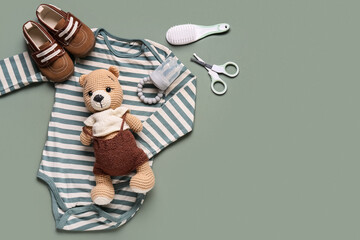 Baby care and newborn essentials, infant clothing with crochet teddy bear and accessories for...