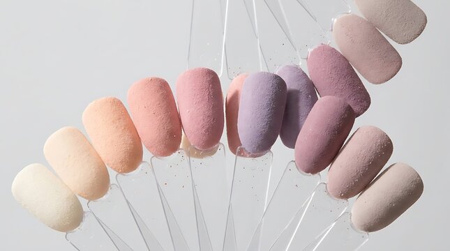 Set of colorful nail polish samples on plastic sticks for a beauty salon manicure or pedicure service. dip powder nails