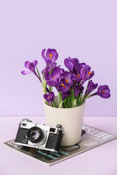 Beautiful crocus flowers in pot with magazine and photo camera on light background