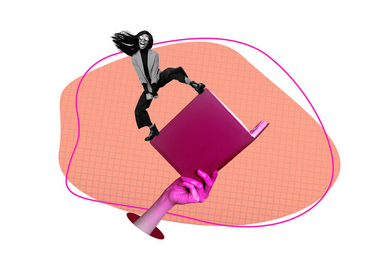 Composite photo collage of happy american girl dance book education hand hold planner novel reader study isolated on painted background