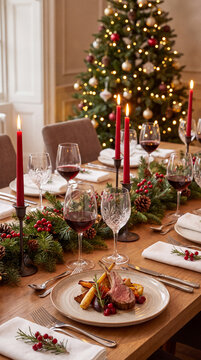 Elegant dining table set for Christmas dinner with roasted meat, wine glasses, and festive decorations, including a decorated Christmas tree