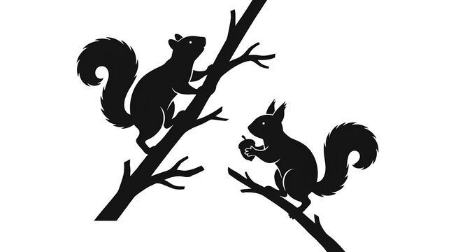 Black squirrel silhouettes on tree branches with acorn