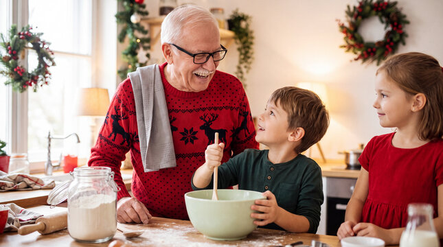 Elderly man and children baking together in a cozy kitchen decorated for Christmas with festive wreaths and holiday lights