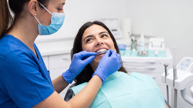 Female orthodontist adjusts braces on smiling patient in modern dental clinic with dental tools and equipment visible in the background