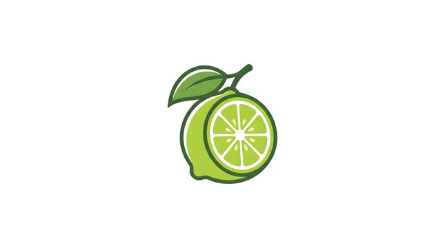 A clean and modern vector illustration of a fresh green lime, showcasing a whole lime slice with a green leaf on top, isolated against a solid white background