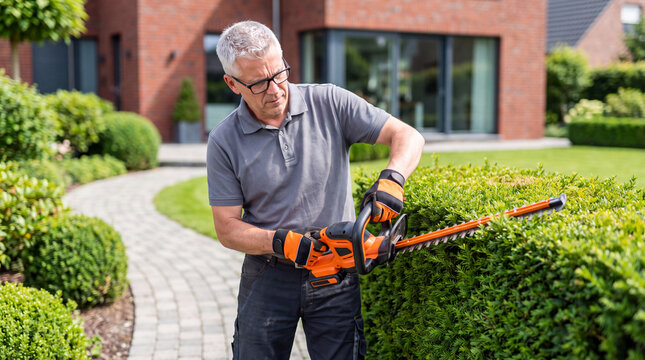Senior man trims hedge with electric hedge trimmer in well-maintained garden, modern house visible in the background