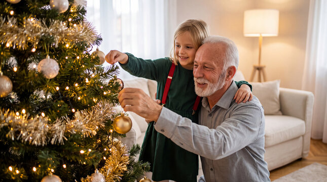 Grandfather and granddaughter decorating Christmas tree with ornaments in cozy living room, warm lighting and festive atmosphere visible