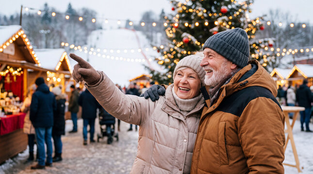 Elderly couple enjoying winter holiday market, smiling and pointing at decorations with Christmas tree and festive stalls in the background