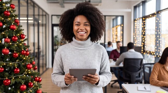 African American woman smiles while holding a tablet in a decorated office with Christmas tree and festive lights in the background