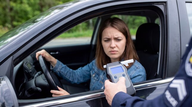 Young woman in denim jacket sitting in car while police officer presents breathalyzer device during roadside check in urban area