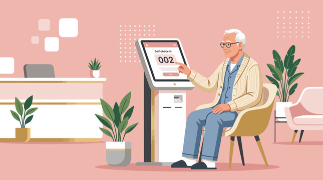 Senior Man Using Digital Kiosk for Queue Number