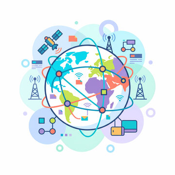 Global Telecommunication Network and Worldwide Data Connection Vector Illustration with Earth Globe and Satellite