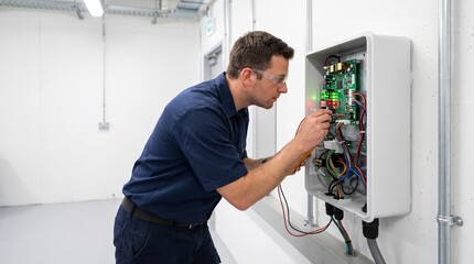Obraz premium Technician Inspecting Solar Inverter Equipment Outdoors