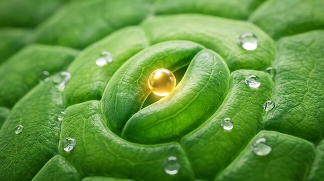 Detailed microscopic view of a plant leaf stoma with a glowing central pore and surrounding water droplets leaf surface green leaf plant anatomy leaf structure life science plant cell cellular