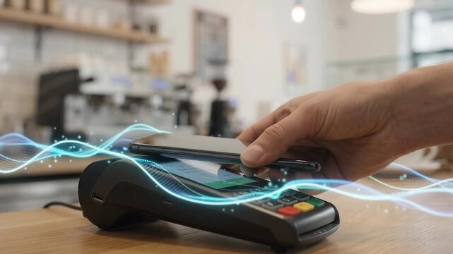 Contactless mobile payment with smartphone at store checkout counter, fintech concept, generative AI

