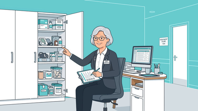 Senior Nurse Organizing Medical Supplies in Hospital Room