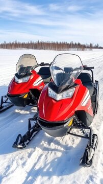 Adventure awaits in the pristine winter forest of Finland with snowmobiles ready for exploration under the bright blue sky
