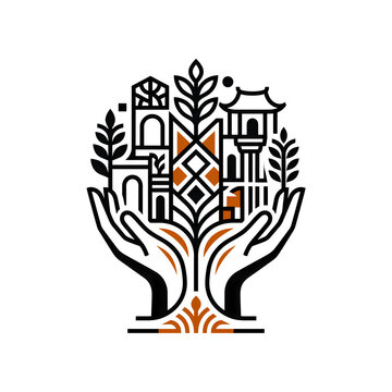 Cultural Heritage Conservation and City Architecture Emblem with Hands Holding Historic Buildings and Wheat Grain