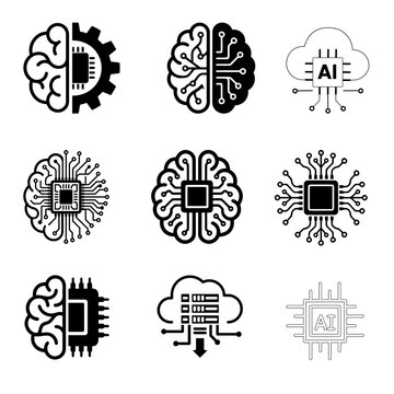 Black Artificial Intelligence Brain and Chip Icon Set &ndash; Technology Innovation Symbols