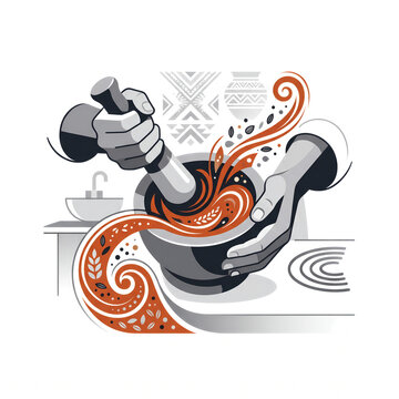 Traditional Culinary Herb Grinding Illustration with Hands Using Mortar and Pestle for Aromatic Spice Blend