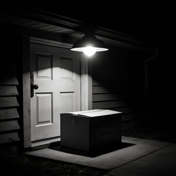 Nighttime doorstep delivery of a cardboard box under a porch light