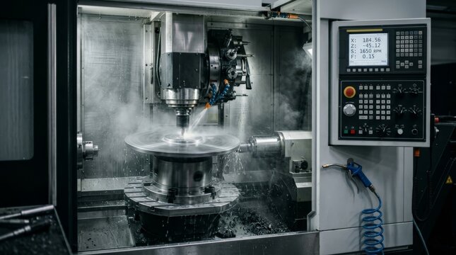 A close up view of industrial milling operation utilizing cnc machine coolant to spray the spinning metal part while shaping and cutting raw components in a modern manufacturing facility