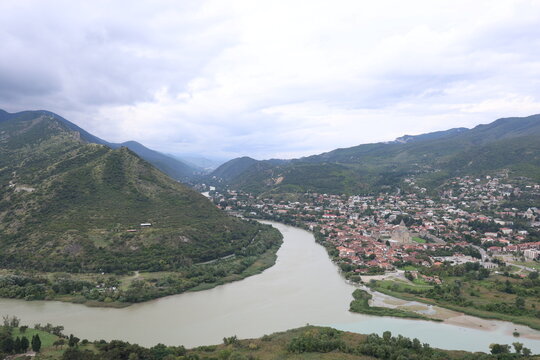 Panoramic View of Confluence of Mtkvari and Aragvi Rivers and Ancient City of Mtskheta, Georgia